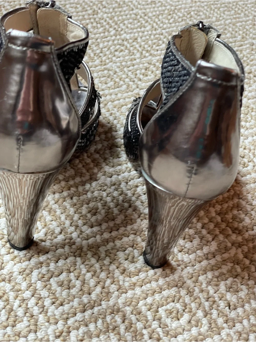 Michael Kors Berkley Sequin T-Strap Heels - Gunmetal Silver Size 9